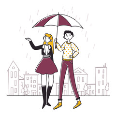 People standing under umbrella on rainy day vector illustration. Man and woman on street hiding from rain. Young people outdoor walking in rain