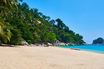 Gold sand beach and turquoise sea background. Coastline on sunny day background of sea and sky, gold sand, tourism, relax, vacation, summer, ocean. Tioman Island, Malaysia.