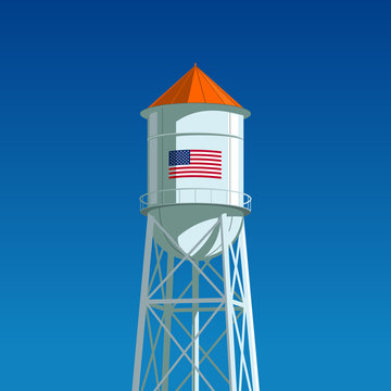 A water tower with the US flag drawn on it. Minimalistic composition with the clear blue sky in the background, vector illustration