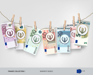 Wet Euro banknotes set hanging on rope attached with clothespins. Money laundering concept. Dirty money. Flat style vector illustration.