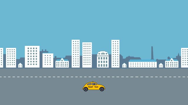A taxicab on the road: animation with city and yellow taxicab