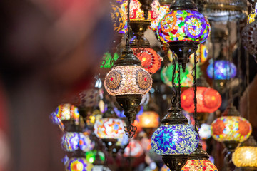 Colorful turkey mosaic glass lamps at the market in palma, mallorca, spain