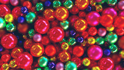 Fototapeta na wymiar Many multi-colored christmas balls toys background texture render. 3D illustration. Top view