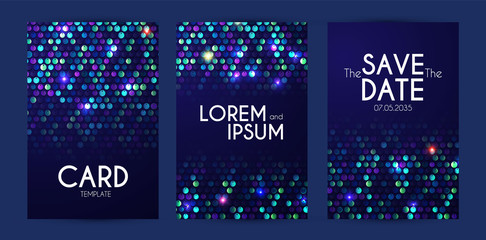 Fototapeta na wymiar Colorful shining sequins flyer design template set. Abstract poster collection.