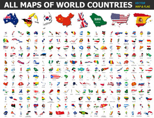 All maps of world countries and flags . Collection of outline shape of international country map with shadow . Flat design . Vector . - obrazy, fototapety, plakaty