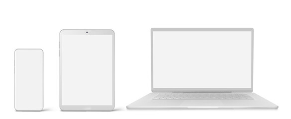 White laptop, tablet and phone with blank screen in front view. Vector realistic mockup of modern digital devices, notebook, smartphone and multi touch tablet isolated on white background