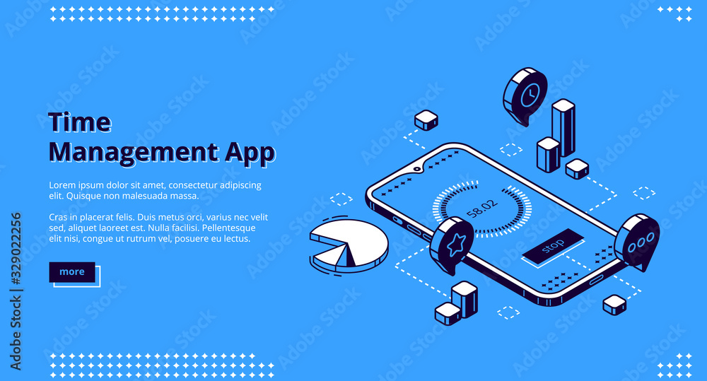 Poster time management app isometric landing page, smartphone application for working productivity, effecti