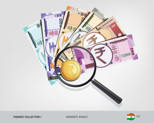 Indian Rupee banknotes set with magnifying glass. Search or check financial stability. Flat style vector illustration. 