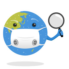 Vector cartoon earth character with magnifying glass.Earth wearing medical mask.