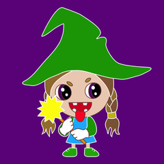 emoji with evil witch holding a magic wand wearing an old mage's pointy hat while sticking her tongue out through crooked teeth and casting a black enchantment