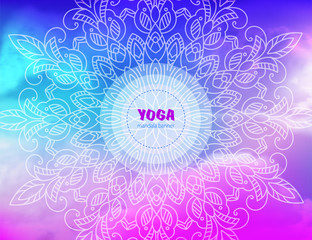 Mandala on neon Vector Cloud Abstract background. Realistic clouds on bright vibrant sky