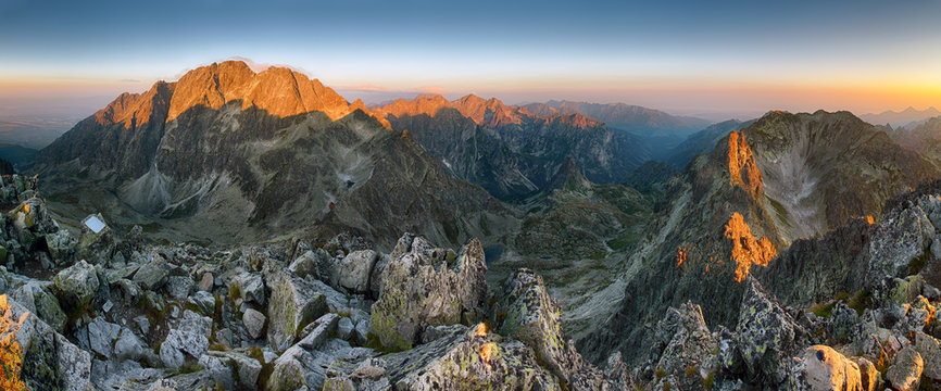 Mountain sunset panorama from peak - Slovakia Tatras
