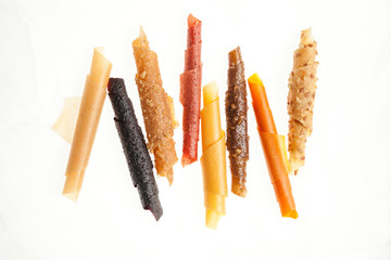 Fruit roll up bar, pastille isolated on white background. Healthy snack food, natural nutrition for kids.
