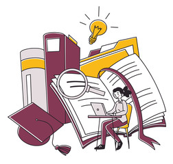 Student girl studying online. Young woman using laptop near textbooks, graduation hat. Vector illustration for knowledge, distant education, internet course, school concept