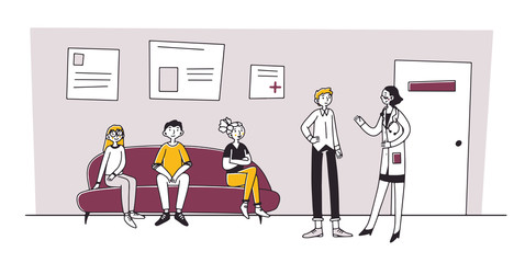 Patient visiting medical practitioner office in hospital. Queue of people waiting therapist appointment in clinic. Vector illustration for doctor, healthcare, medicine, health, medical worker concept