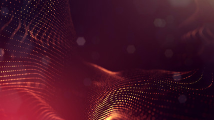 3d rendering background of microworld or sci-fi theme with glowing particles form curved lines, 3d surfaces, grid structures with depth of field, bokeh. Golden red wave forms