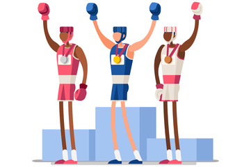 Olympic boxing team. Boxer Male of person celebrate summer games athletics medal. Sportive people celebrating athlete symbol victory celebration. Sports cartoon symbolic flat vector illustration.