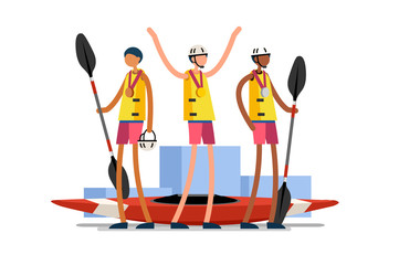 Olympic canoeing kayak team. Canoeist Male of person celebrate summer games athletics medal. Sportive people celebrating athlete symbol victory celebration. Sports cartoon symbolic flat illustration.