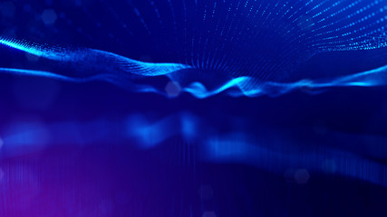 3d rendering background of microworld or sci-fi theme with glowing particles form curved lines, 3d surfaces, grid structures with depth of field, bokeh. Deep blue wave forms