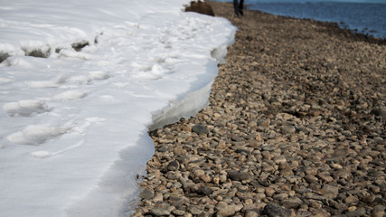 Snow and stones. The bank of river. Nature background.