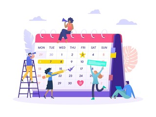 business plan agenda appoitnment vector illustration concept, group of people make an online schedule with big calendar can use for, landing page, template, ui, web, homepage, poster, banner, flyer