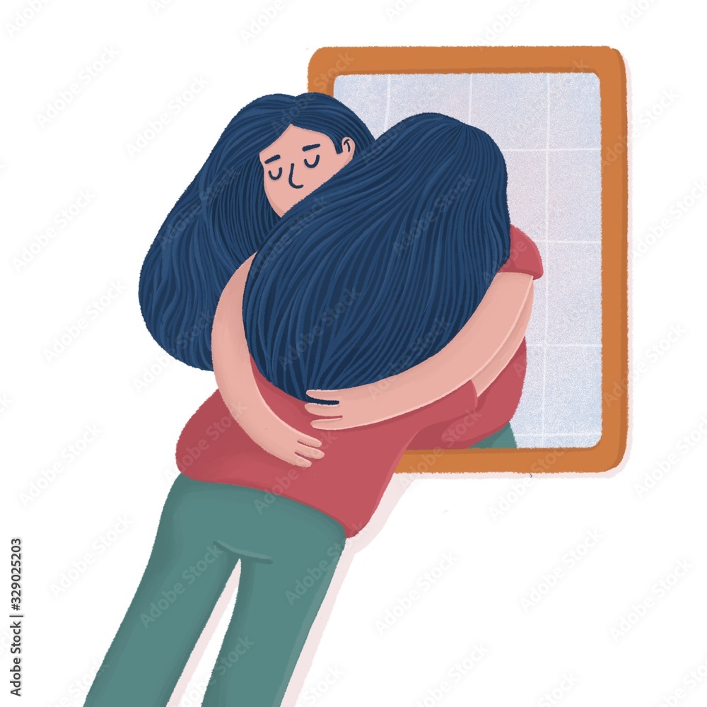 Wall mural woman hugging with her reflection in the mirror, self-acceptance, self care concept, flat raster ill - Wall murals