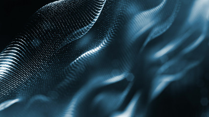 Naklejka premium 3d rendering background of microworld or sci-fi theme with glowing particles form curved lines, 3d surfaces, grid structures with depth of field, bokeh. Deep blue wave forms
