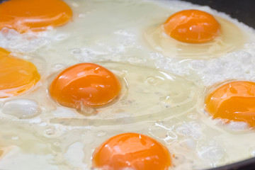 Close up of fried eggs for protein and a healthy breakfast with yellow yolks and white eggs in black frying pan.