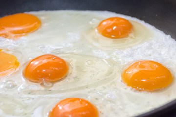 Close up of fried eggs for protein and a healthy breakfast with yellow yolks and white eggs in black frying pan.