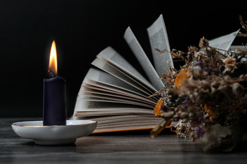 A burning candle, an open book, and dry herbs. Set for witches.