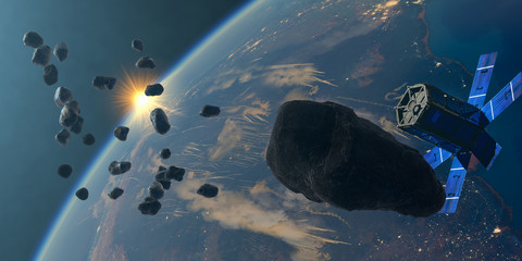 asteroid and a swarm of meteorites flying past the satellite - artistic vision.3d illustration