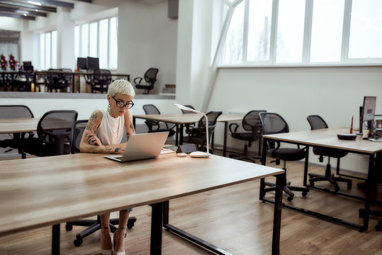 Too much work. Young and busy tattooed businesswoman in eyeglasses working with laptop while sitting alone at her desk in the modern office