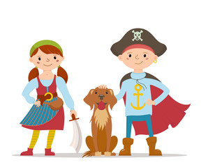 Two kids, boy and girl, dresses as pirates, standing with a dog, Halloween fancy dress, cartoon vector illustration isolated on white background. Kids in pirate fancy dress and a cute Labrador dog