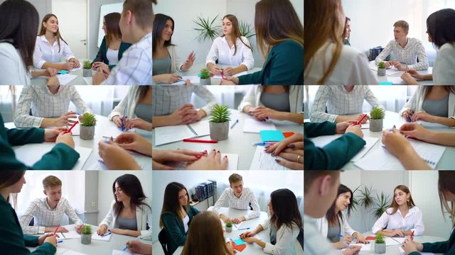 Set 9 in 1 successful businesspeople having meeting in office