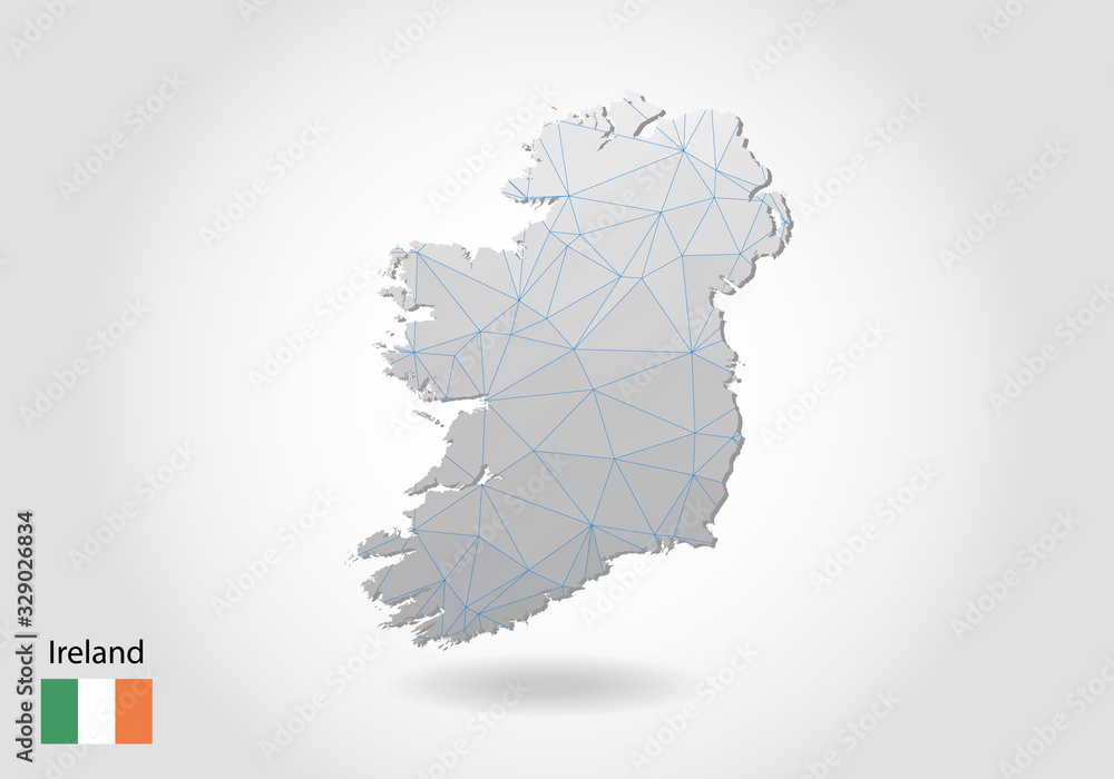 Poster vector map of ireland with trendy triangles design in polygonal style on dark background, map shape 