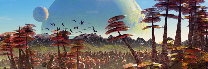 alien planet landscape, beautiful forest the surface of an exoplanet  - obrazy, fototapety, plakaty