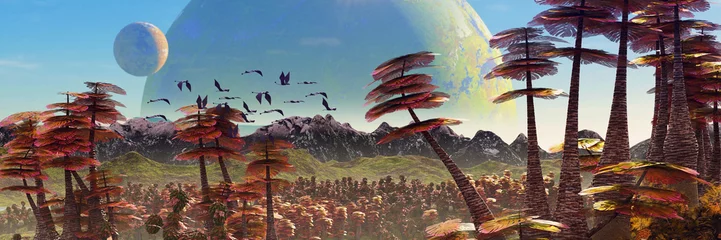 Poster buitenaards planeetlandschap, prachtig bos het oppervlak van een exoplaneet © dottedyeti