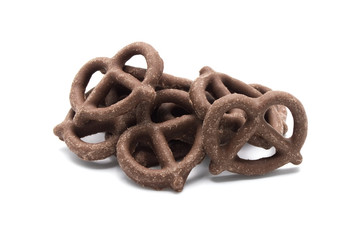 Pretzel with Chocolated biscuit flavored and coated chocolated cream on white background.