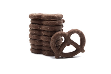 Pretzel with Chocolated biscuit flavored and coated chocolated cream on white background.