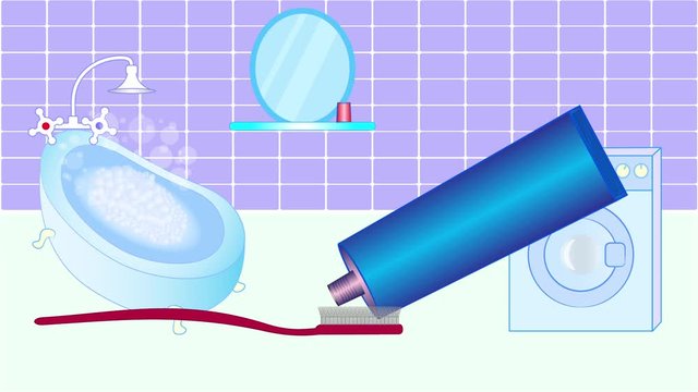 toothbrush and toothpaste in the bathroom. animation on a blue background. advertising. video saver.