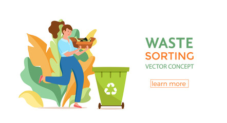 Young woman throwing glass garbage into containers vector illustration.