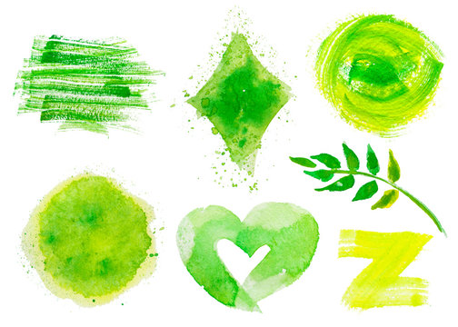 Set of fresh green hand drawn watercolor design banners,heart,stains,dabs,branch,circle,rhomb on the white background for your gesign