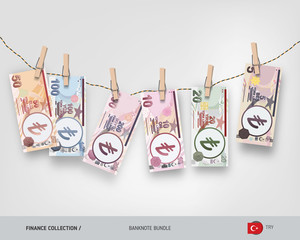 Wet Turkish Lira banknotes set hanging on rope attached with clothespins. Money laundering concept. Dirty money. Flat style vector illustration.