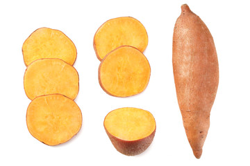 sliced sweet potatoes isolated on white background top view