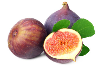 Fig fruits with green leaf and slices isolated on white background
