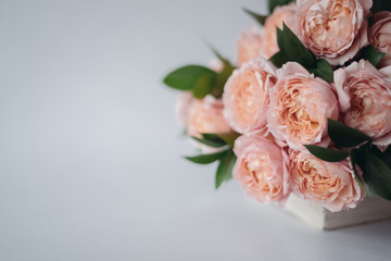 Elegant bouquet of a lot of peonies of pink color close up. Beautiful flower for any holiday. Lots of pretty and romantic flowers.