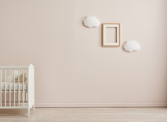 Baby room white wooden bed and cabinet decoration with frame.