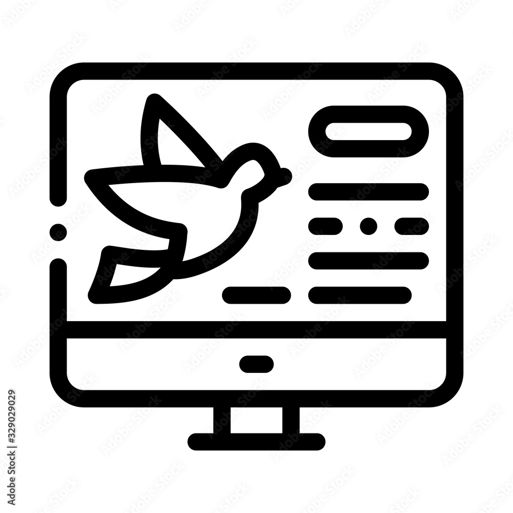 Poster bird on computer screen icon thin line vector. flying bird image on internet web site, ornithology c