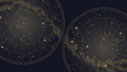 Poster witn star constellations southern and northern map. Gold signs and symbols of zodiac. Astrological celestial maps
