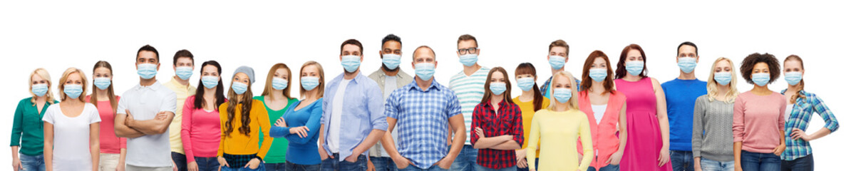 health, safety and pandemic concept - group of people wearing protective medical masks for protection from virus - obrazy, fototapety, plakaty